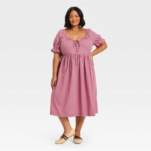 Women's Puff Elbow Sleeve Midi Dress.   Red Check.  XXL